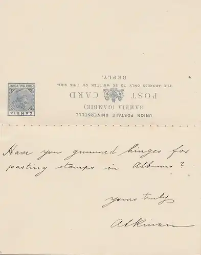 Gambia: post card 1895 to Gebrüder Senf/Leipzig