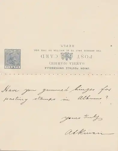 Gambie: post card 1895 to Frères Moutarde/Leipzig