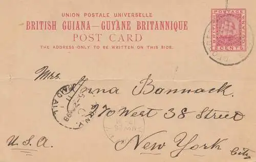 British Guiana: 1898: post card to New York