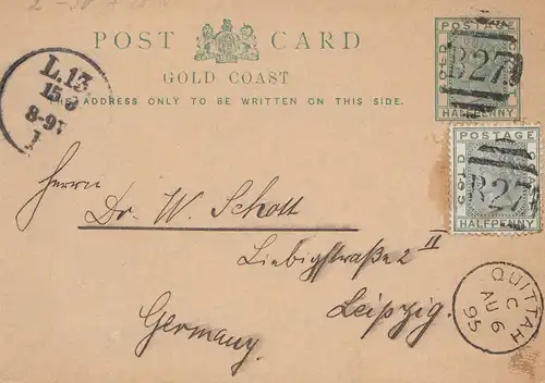 Gold Coast: 1895: post card Quittah to Leipzig/Gemany