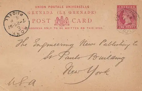 Grenada: Bony post card 1897 to New York