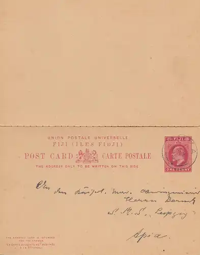 Fiji: post card 1909 to S.M.S. Leipzig - Apia