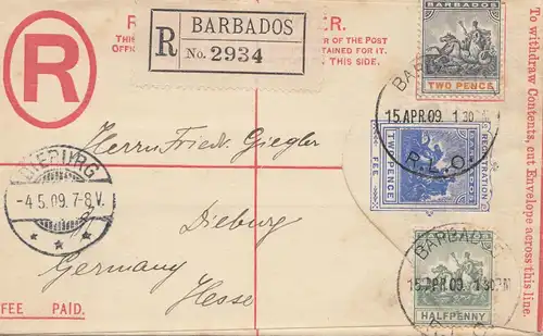 Barbados: 1909: Registered letter to Dieburg/Germany