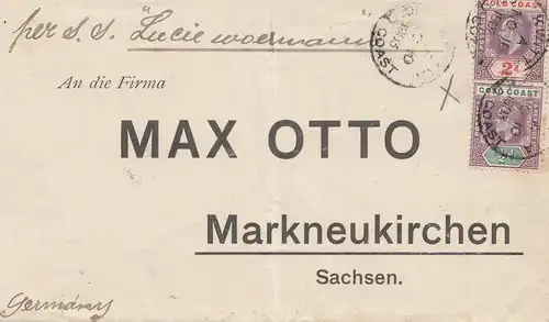 Gold Coast: 1908: letter via S.S. Lucie Woermann to Marktneukirchen/Germany