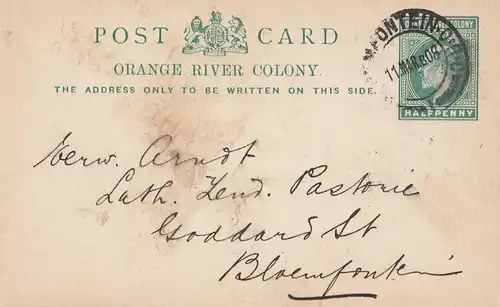 Orange River Colony: Post card 1908 to Bloemfontein