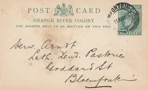 Orange River Colony: post card 1908 to Bloemfontein