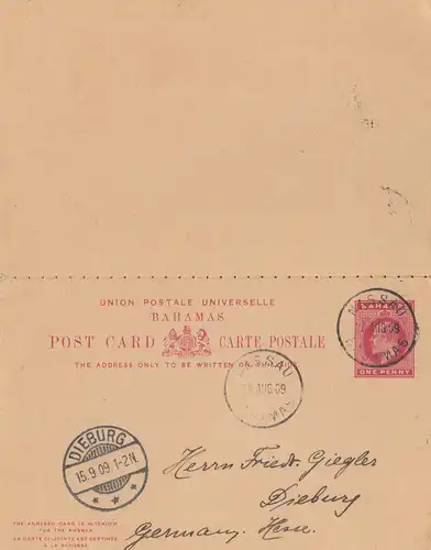 Bahamas: post card 1909: Nassau to Dieburg
