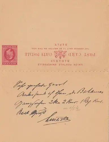 Bahamas: post card 1909: Nassau to Dieburg