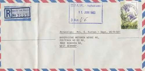 Kenya: Registered letter Nairobi 1985 to BMW Munich