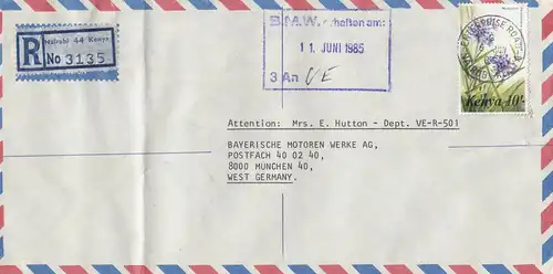 Kenya: Registered letter nairobi 1985 to BMW München