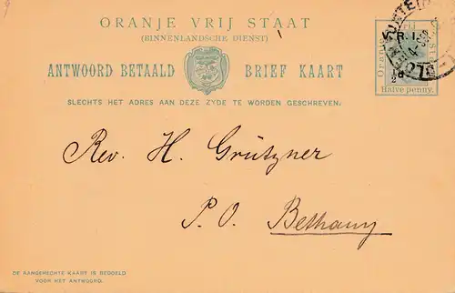 Oranje Vrij État, 1903: postcard to Bethany