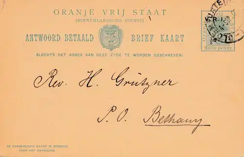 Oranje Vrij Staat, 1903: postcard to Bethany