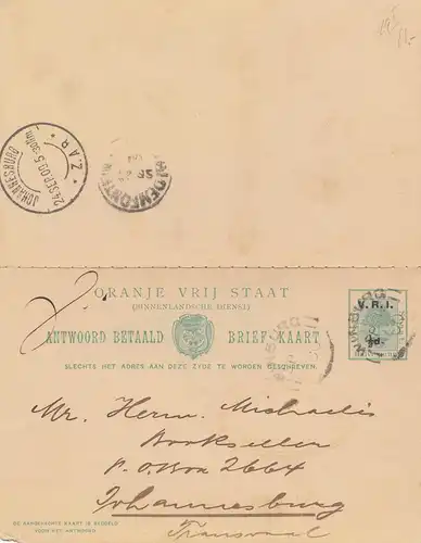 Oranje Vrij État, 1905: postcard to Johannesburg