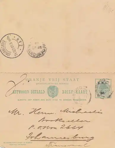 Oranje Vrij Staat, 1905: postcard to Johannesburg
