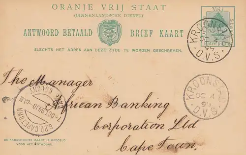 Oranje Vrij État, 1899: postcard Kronstad to Cape Town