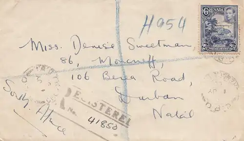 Grenada: 1898 registered letter to Durban / Natal