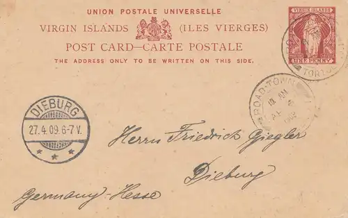 Virgin Islands: Road Town 1909 post card to Dieburg/Germany