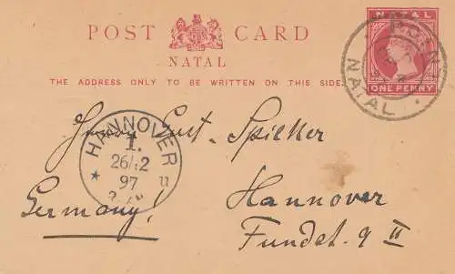 Natal: 1897 post card Point to Hannover