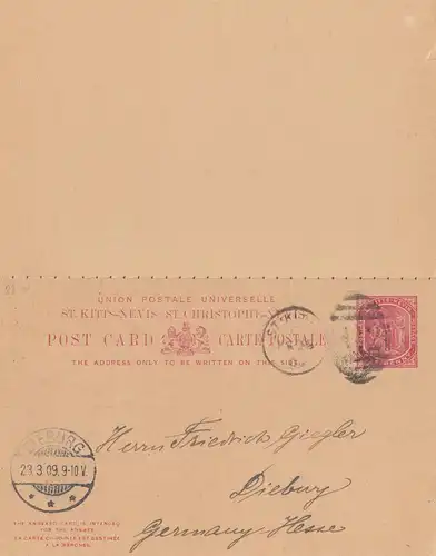 St. Kitts-Nevis: post card 1909 to Dieburg