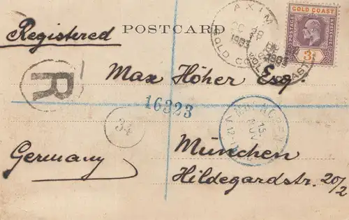 Gold Coast: 1903: Registered post card Fernando Po to Munich