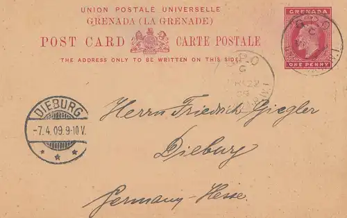 Grenada: post card 1909 to Dieburg/Germany