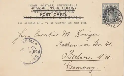 Orange River Colony - Post card 1903 Bloemfontein to M. Krüger Berlin