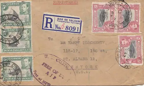 Uganda: 1947: Regiestered Dar Es Salaam to New York - Free of Duty