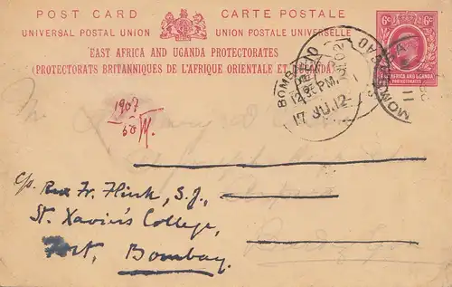 Ouganda East Africa: 1912 - postcard to Bombay/India - Nova Goa