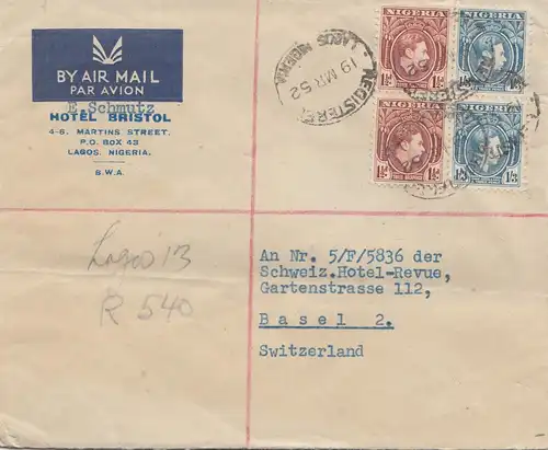 Nigeria: 1952 Air Mail Lagos to Basel - Hotel Bristol