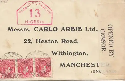 Nigeria: 1941: letter to Manchester - Opened by Censor - Lagos