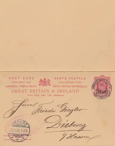 Levant: British Post office - Post card; 1906 to Germany - Dieburg