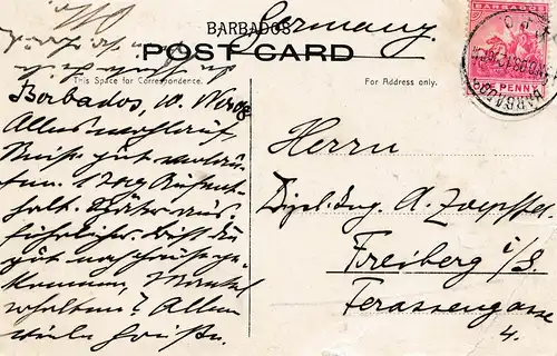 Barbade: Post card Residence with canons 1908 to Freiberg