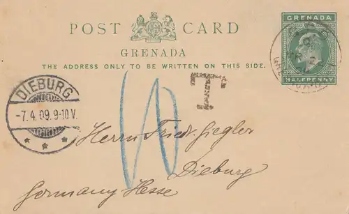 Grenada: post card 1909 to Dieburg - Taxe