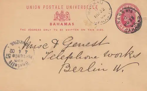 Bahamas: 1902 post card to Berlin - Telephone works