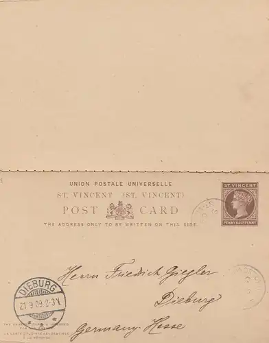 St. Vincent: post card 1909 to Dieburg/Germany