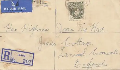 Nigeria: 1949 air Mail registered Kano to Cornwall