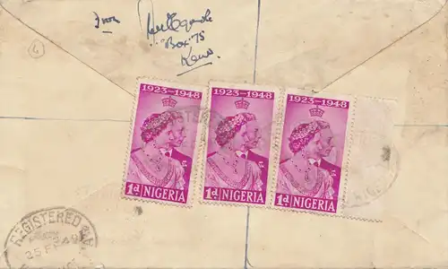 Nigeria: 1949 air Mail registered Kano to Cornwall