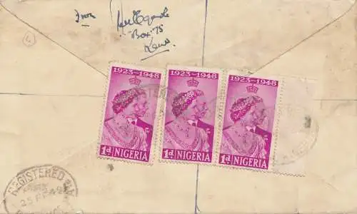 Nigeria: 1949 air Mail registered Kano to Cornwall