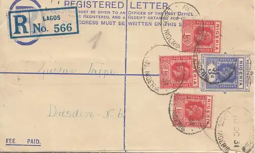 Nigeria: Registered letter Lagos 1931 to Dresden