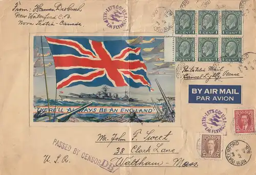 Canada: Air Mail 1942: war szene New Waterford to Waltham - Mass., censor