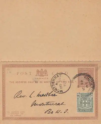 Jamaica 1911 post card to Montserrat