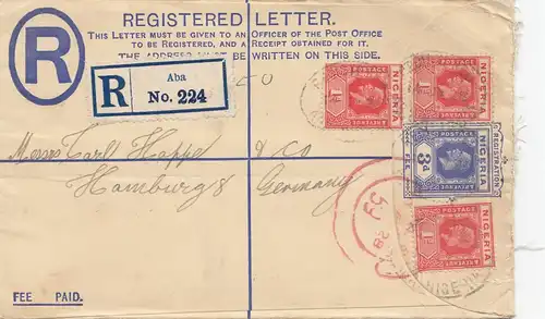 Nigeria: Registered letter Aba 1928 to Hambourg