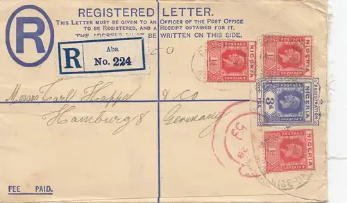Nigeria: Registered letter Aba 1928 to Hamburg