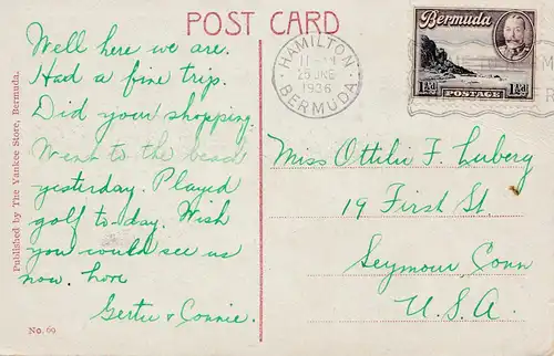 Bermudes: Hamilton picture post card 1936 to USA Seymour