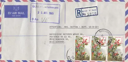 Kenya: Registered letter Nairobi 1985 to Bayrische Motoren Werke