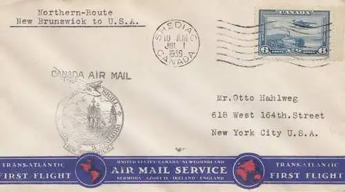 Canada: 1939 Shediac First Flight Northern Route New Brunswick to USA