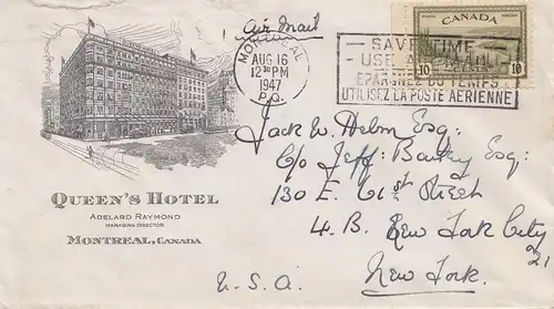 Canada: 1947: Montreal air mail to New York - Queens Hotel