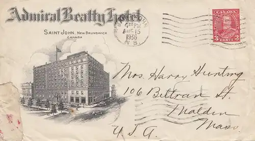 Canada: 1936: New Brunswick - Admiral Beatty Hotel - to Malden-Mass - USA