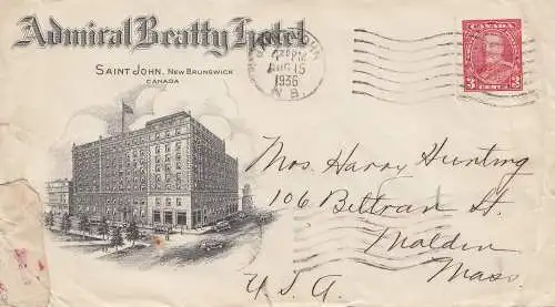 Canada: 1936: New Brunswick - Amiral Beatty Hotel - to Malden-Mass - USA