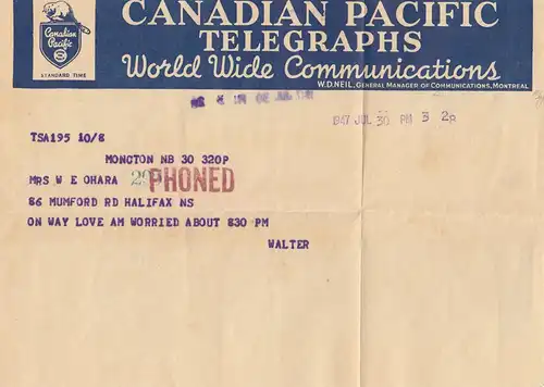 Canada: 1930: Telegram Moncton to Halifax, stamp Perfin